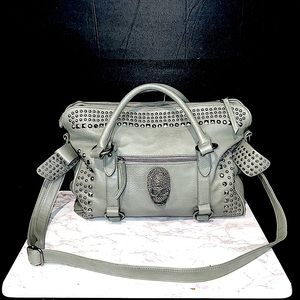 Gray Studded Skull Handbag with Silver Hardware!